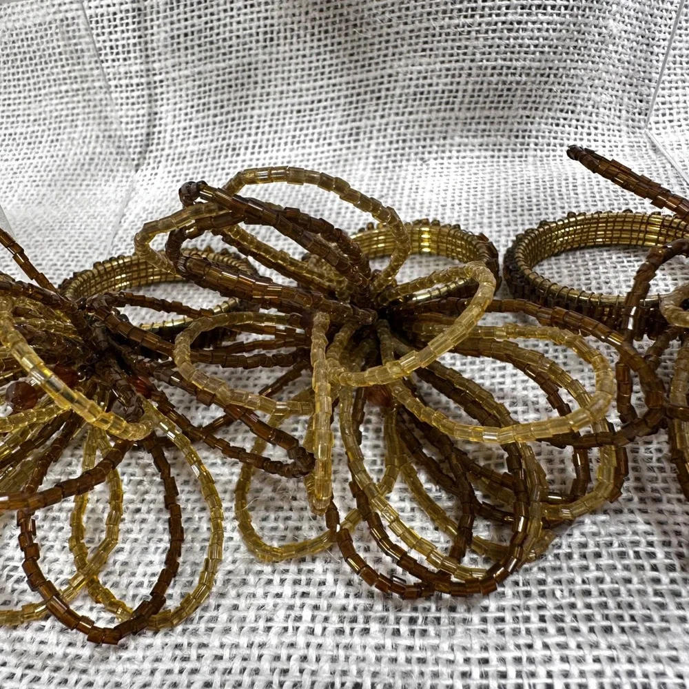 Set of 6 Beaded Napkin Rings Amber‎ Bronze Brown Floral Glass Bead Table Decor